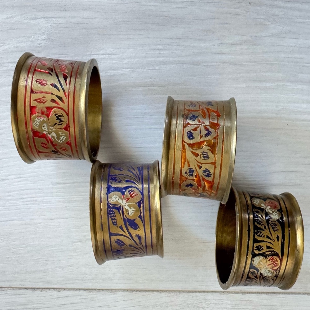 Vintage Set of 4 Solid Painted Brass Napkin Rings Holders